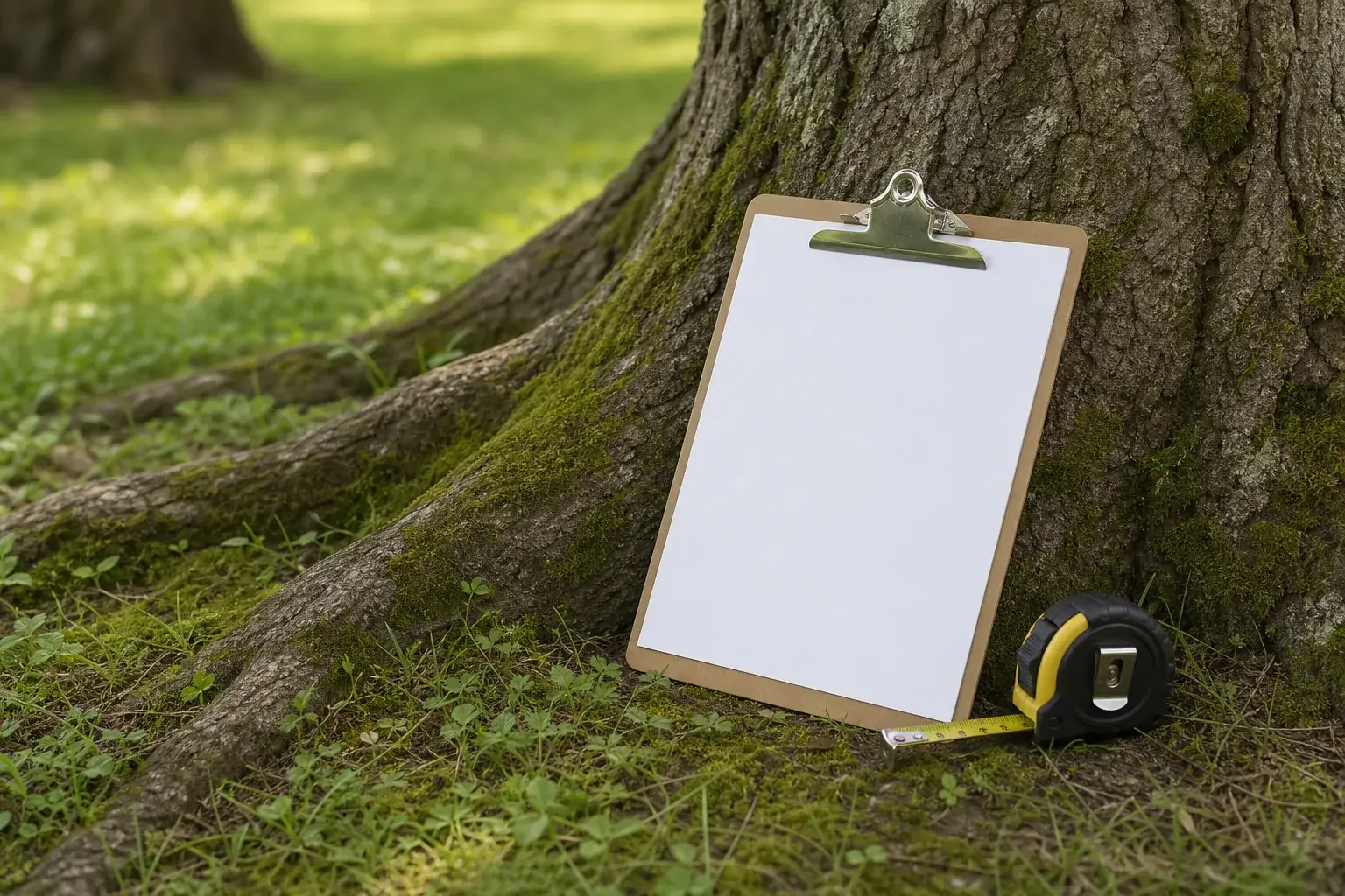 Clipboard and retractable tape measure resting on grass at the base of a large tree trunk