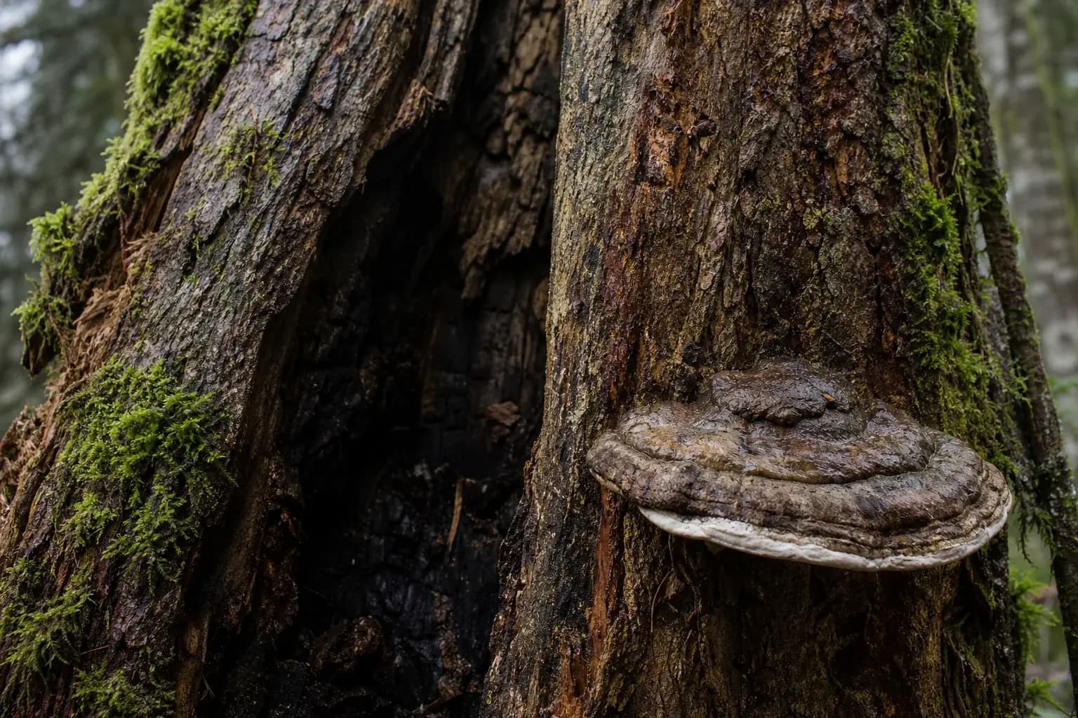Split tree trunk showing a dark decay cavity and a bracket fungus growing from the bark