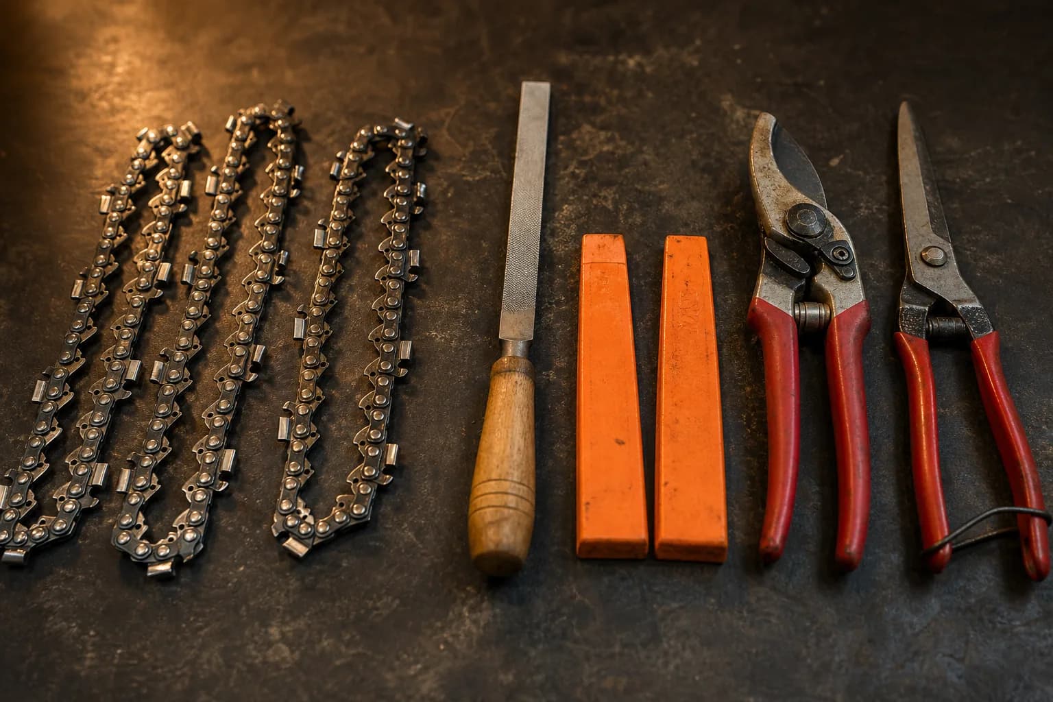 Sharpened chainsaw chains, a file, wedges and hand pruning tools laid out on a workbench