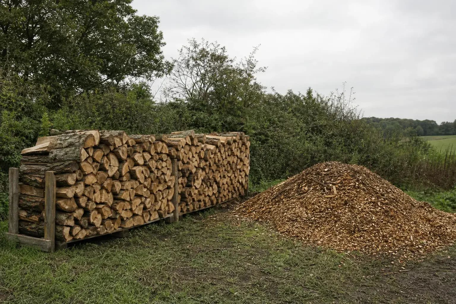 Neat stack of seasoned cordwood beside a heap of fresh woodchip at the edge of a field