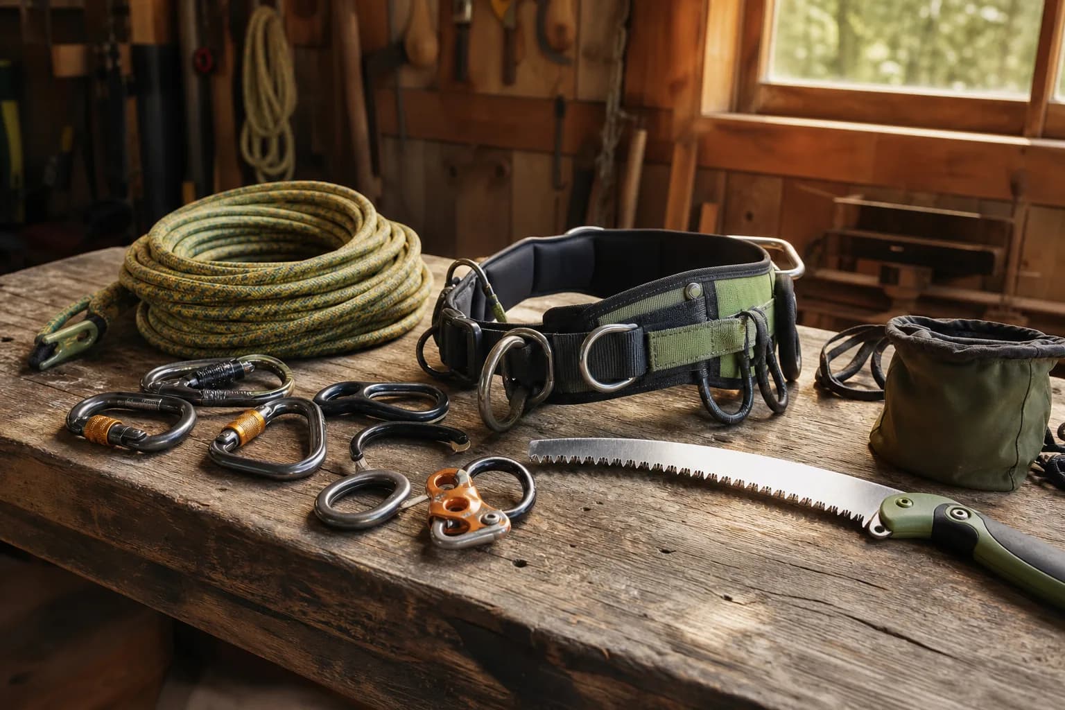 Arborist climbing rope, steel carabiners, a harness and a pruning saw laid out on a timber workbench