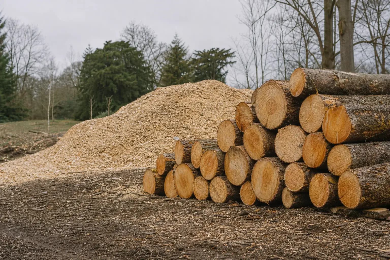 Freshly cut hardwood logs stacked beside a mound of pale woodchip in a woodland clearing