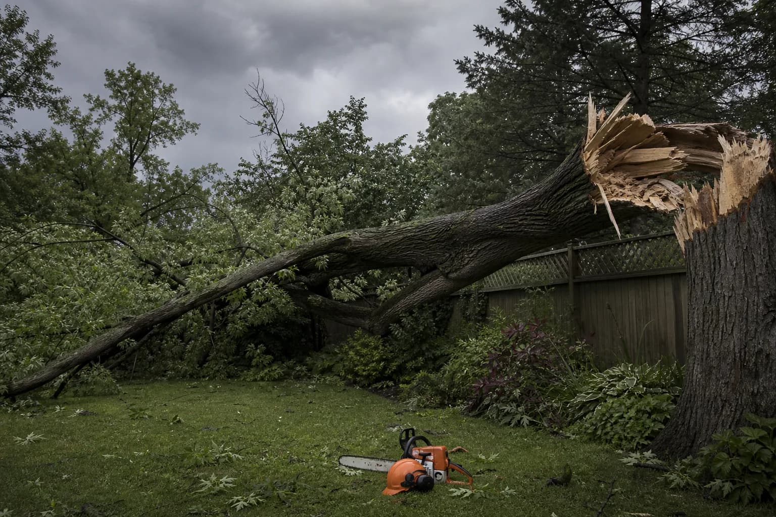 Large storm snapped tree limb fallen across a wet garden lawn and fence with splintered pale wood at the break