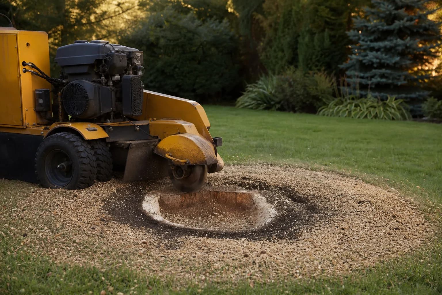 Tree stump ground flush into a garden lawn leaving a ring of fresh pale woodchip and dark soil