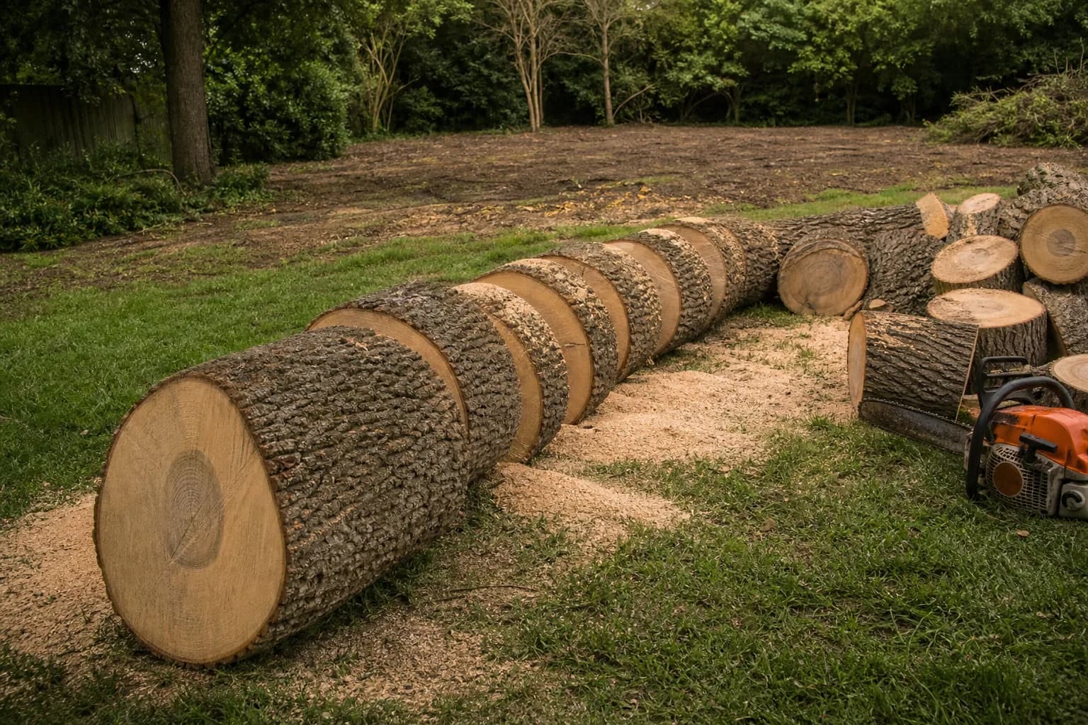 Large felled hardwood trunk cross cut into neat sections on a garden lawn with sawdust around the cuts