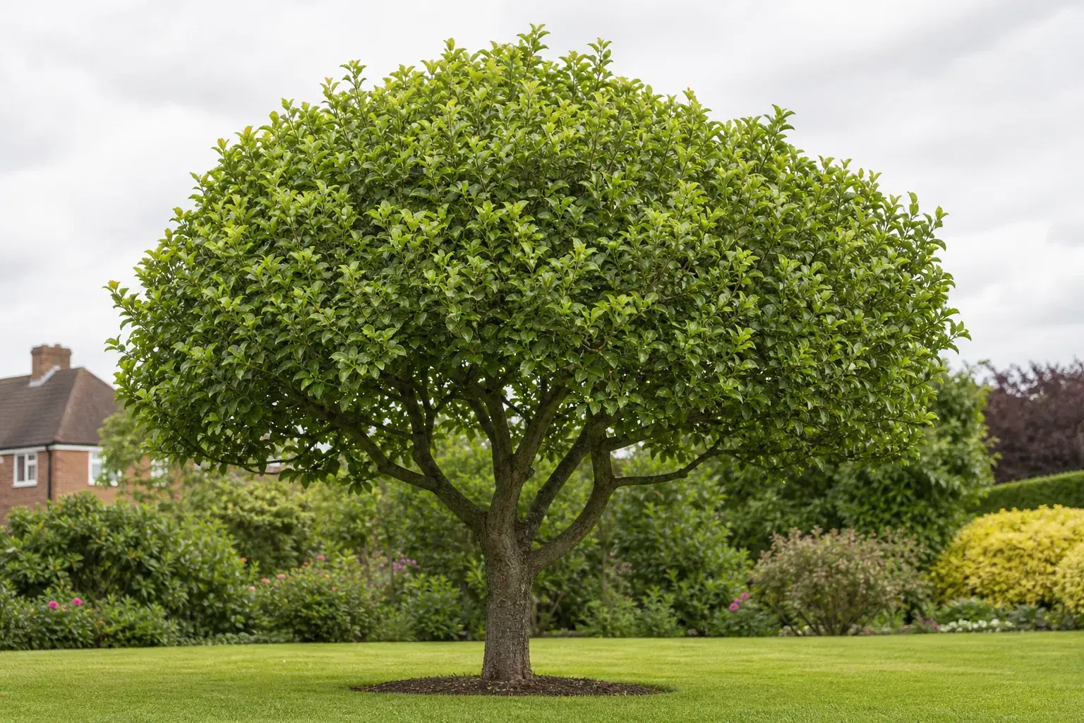 Mature lime tree with a neatly reshaped crown against a bright overcast sky