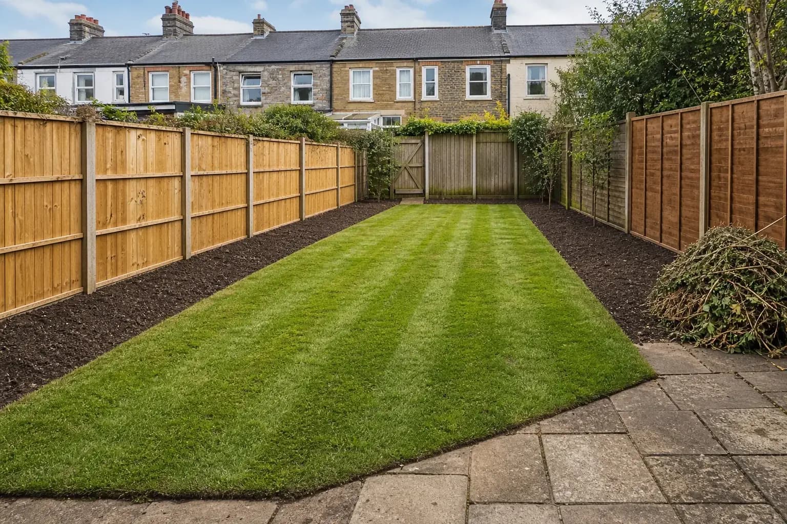 Cleared back garden with freshly cut lawn, turned soil borders and stacked green waste