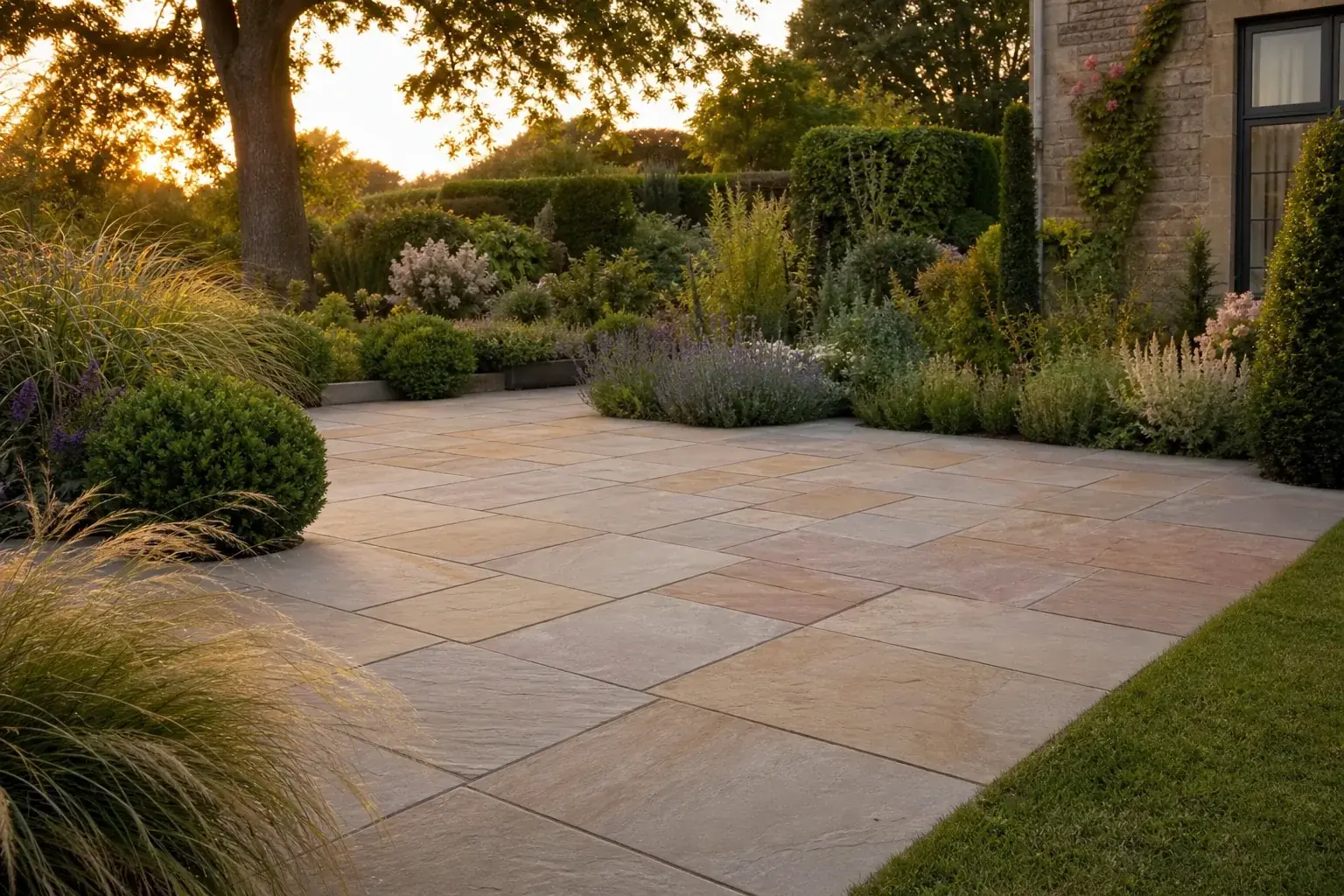 Newly laid riven sandstone patio with planted borders of shrubs and ornamental grasses