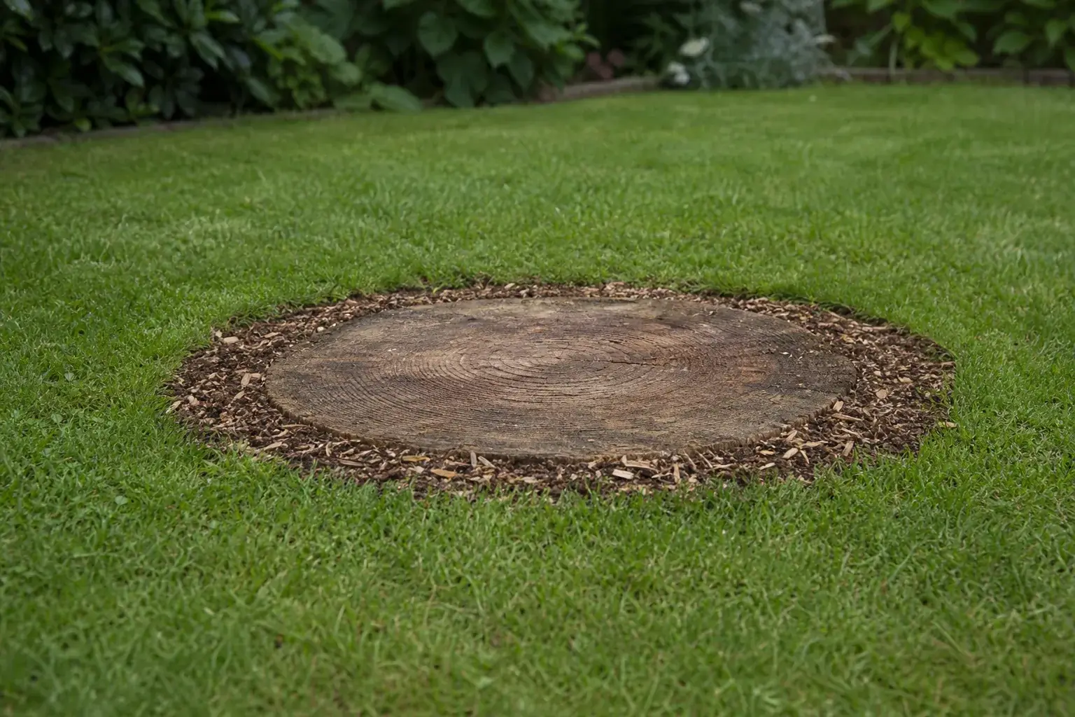 Tree stump ground flush to a lawn leaving a ring of fresh woodchip and soil