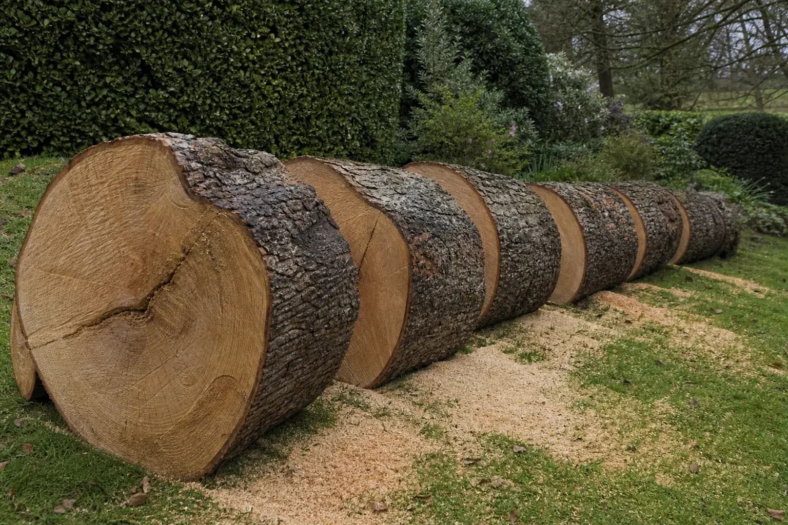 Felled hardwood trunk cross cut into sections on a lawn with sawdust around the cuts
