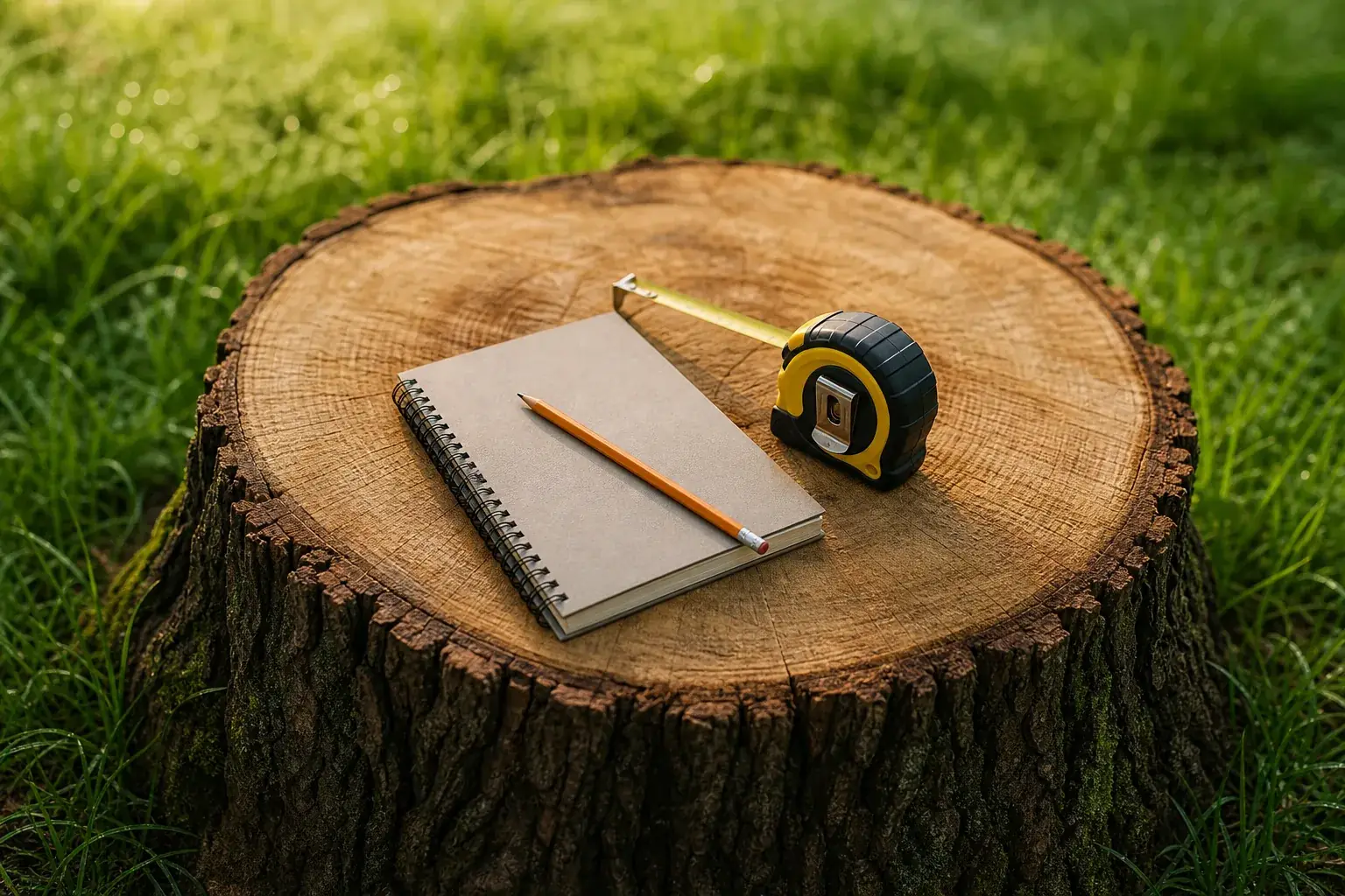 A measuring tape, a notebook and a pencil resting on a wide freshly cut tree stump