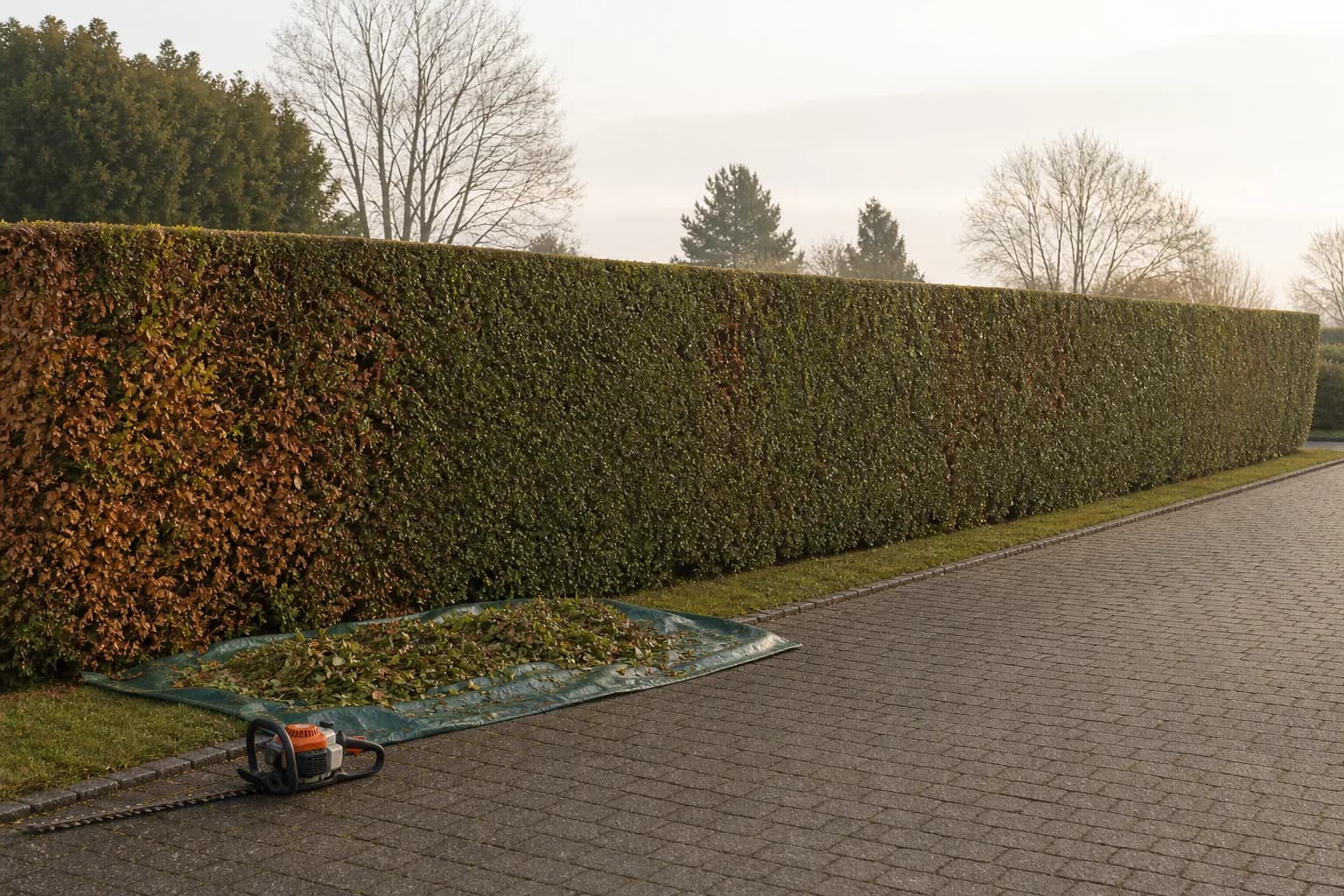 Long crisply trimmed beech and privet boundary hedge with a flat top beside a block paved driveway